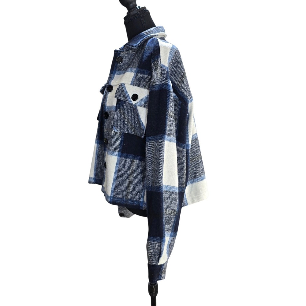 Unbranded Plaid Shacket Women XL Blue White Polyester Flannel Button Crop - Picture 4 of 10